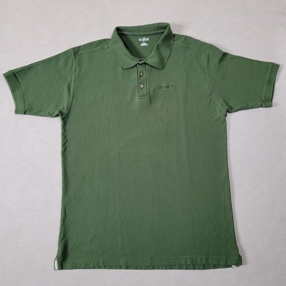 Vtg Carhartt Mens Large Faded Spell Out Collared Polo Shirt Hunter Green - Picture 1 of 13